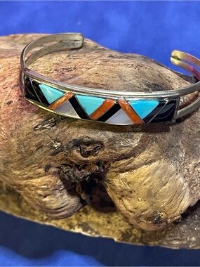 Vintage Sterling Silver Multi- Stone Channel Inlay Cuff Bracelet/ Southwestern